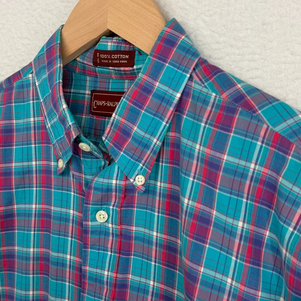 CHAPS RALPH LAUREN Shirt Mens 16 35 Plaid 80s Button Up Cotton Blue HK VTG